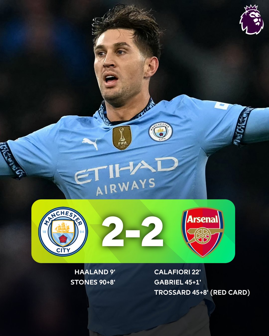 Man City snatch late equalizer in thriller showdown against 10 man Arsenal