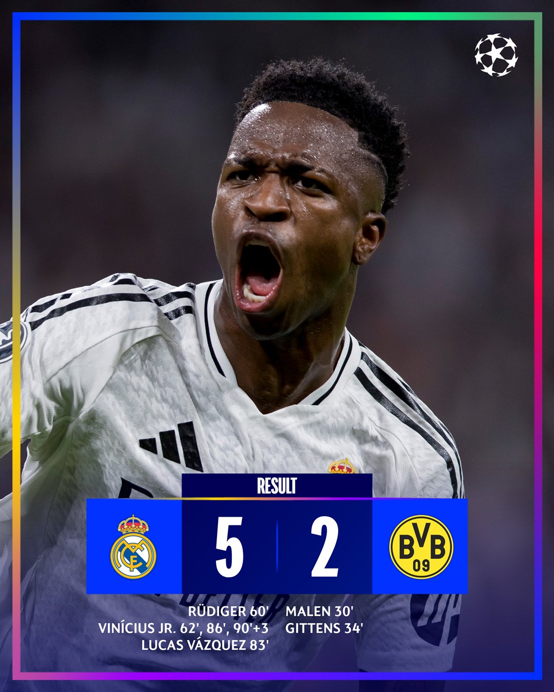 UCL: Vini shines with hat trick in terrific comeback